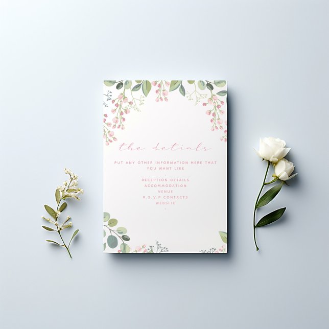 Pink and green flowers, elegant the details enclosure card (Pretty wedding the details information card with pink flowers and olive branches.)