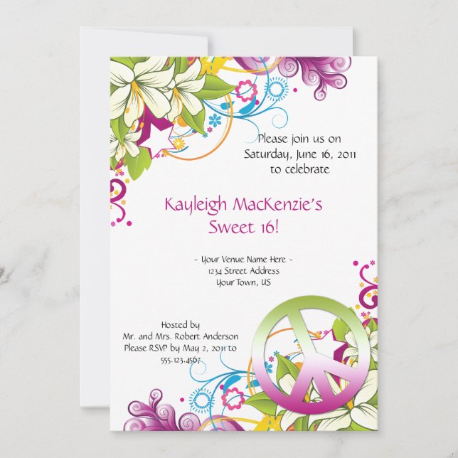 Pink and Green Flowers Peace Sign Sweet 16 Invitation (Front)