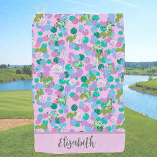 Pink and green frogs custom name ladies golf towel