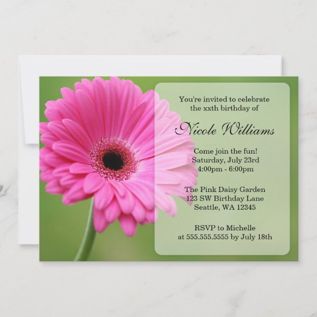 Pink and Green Gerbera Daisy Birthday Party Invitation (Front)