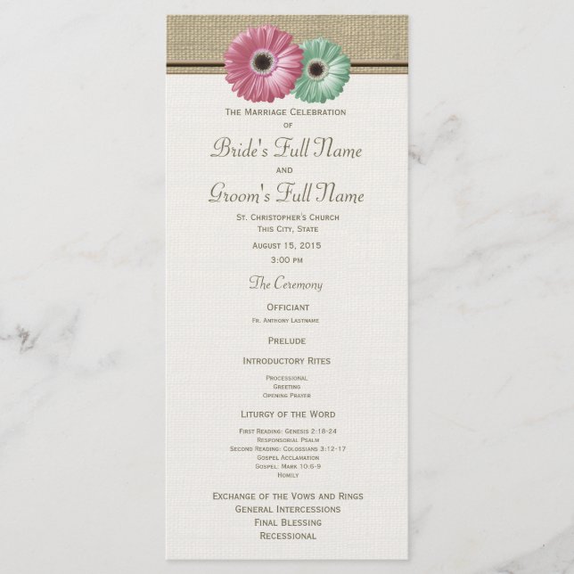 Pink and Green Gerbera Daisy Wedding Program Programme (Front)