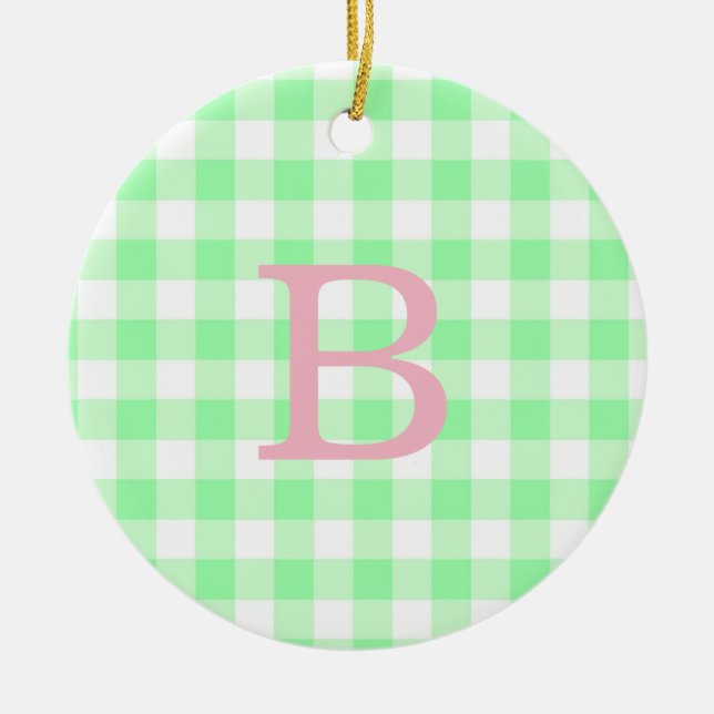 Pink and Green Gingham Monogram Ceramic Tree Decoration (Front)