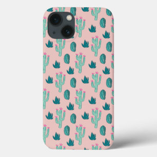 Pink and Green Girly Cactus Pattern iPhone 13 Case