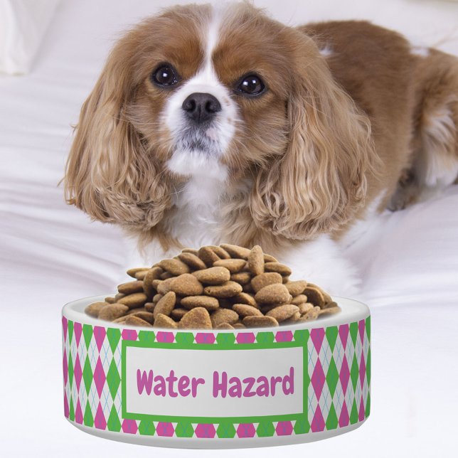 Pink And Green Golf Diamonds Water Hazard Dog Bowl (Calling all golfers, you have to grab this very funny dog bowl! )