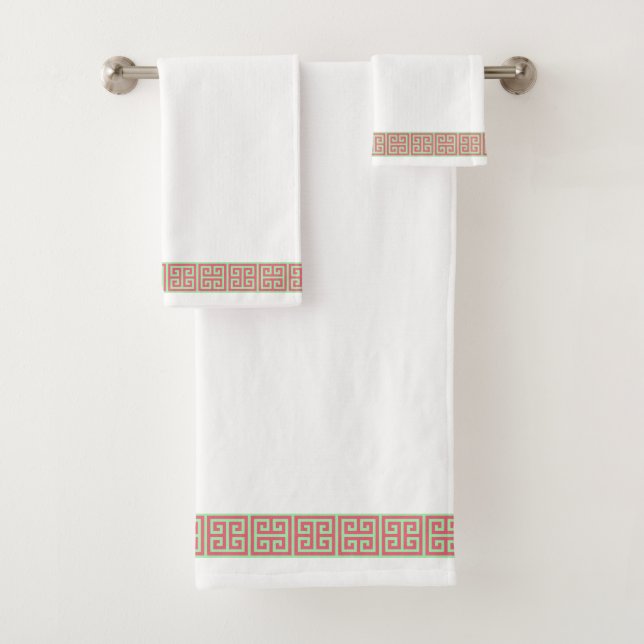 Pink and Green Greek Key Border Bath Towel Set (Insitu)