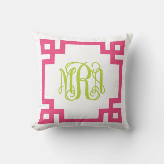 Pink and Green Greek Key Script Monogram Cushion