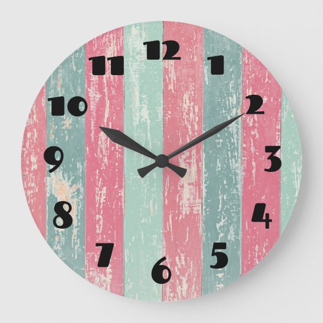 Pink and Green grunge stripes texture Large Clock (Front)