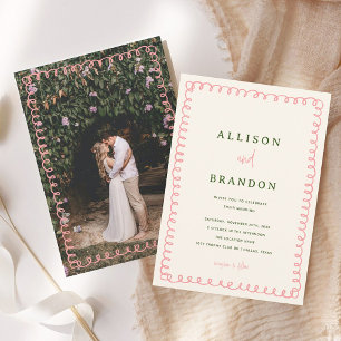 Pink and Green Hand Drawn Colourful Wedding Photo Invitation
