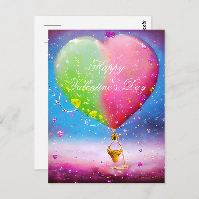 Pink and green heart air balloon valentine postcard (Front/Back)
