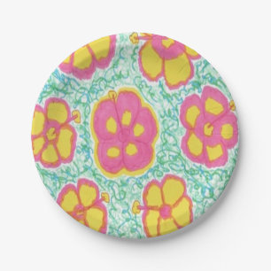 Pink and Green Hibiscus Print Paper Plates