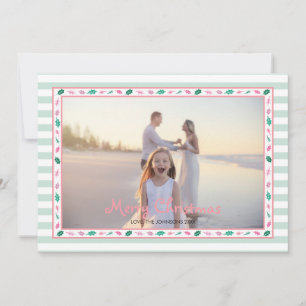 Pink and Green Holly Leaves Border Family Photo Holiday Card