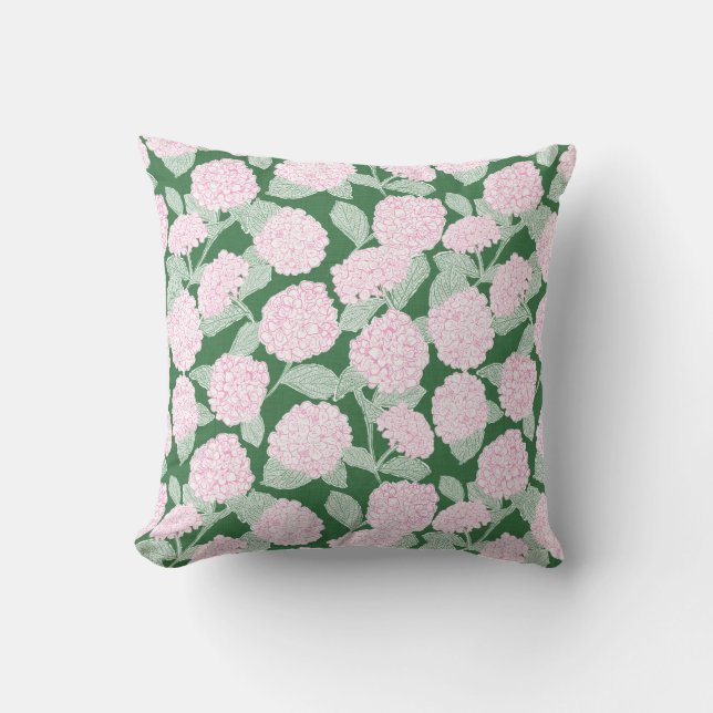 Pink and Green Hydrangea Floral Cushion (Front)