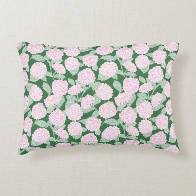 Pink and Green Hydrangea Floral Decorative Cushion (Front)