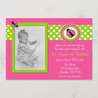 Pink and Green Ladybug Girls Birthday Invitation