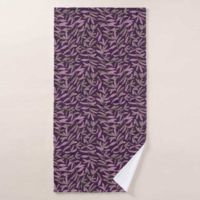  Pink and Green Leaf Pattern on Dark Purple Back Bath Towel Set (Bath Towel)