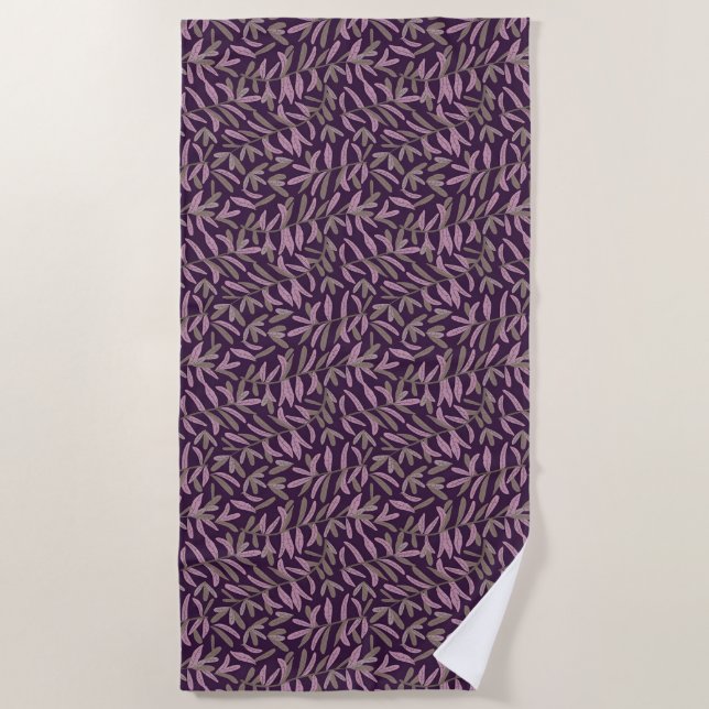  Pink and Green Leaf Pattern on Dark Purple Back Beach Towel (Front)