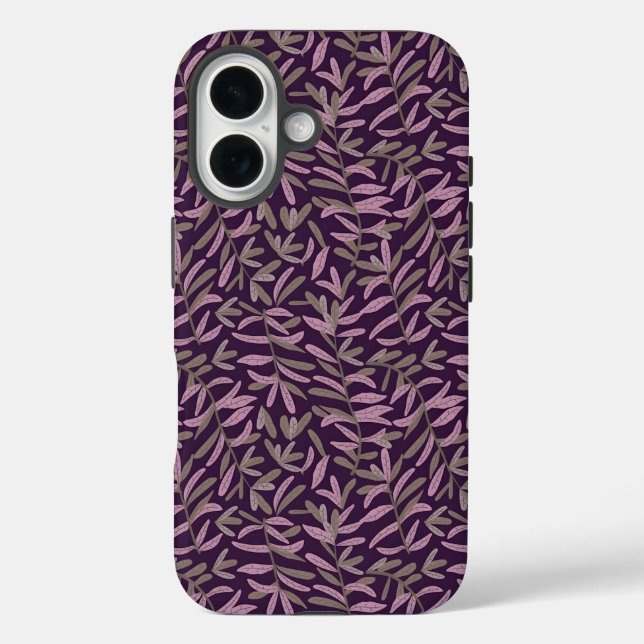  Pink and Green Leaf Pattern on Dark Purple Back Case-Mate iPhone Case (Back)
