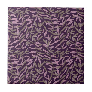  Pink and Green Leaf Pattern on Dark Purple Back Tile