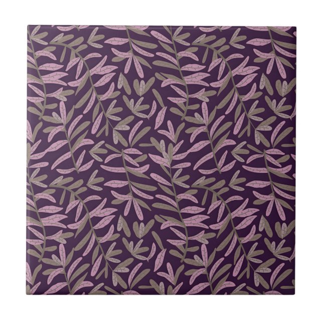  Pink and Green Leaf Pattern on Dark Purple Back Tile (Front)