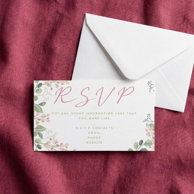 Pink and green leaves and flowers, "RSVP" Enclosure Card (Pink and green leaves and flowers, "RSVP" Enclosure Card.)
