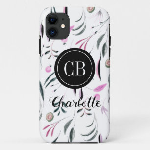 Pink and Green Leaves and Fruits Monogram and Name Case-Mate iPhone Case
