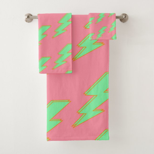 Pink and Green Lightning Vibrant and Fun Spring Bath Towel Set (Insitu)