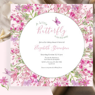 Pink and Green Little Butterfly Floral Baby Shower Invitation