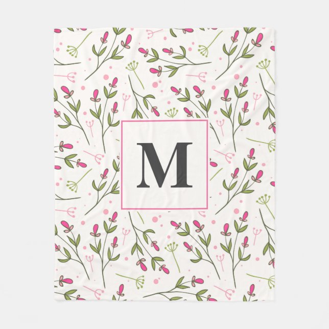 Pink and Green Long Stem Wildflowers Monogram Fleece Blanket (Front)