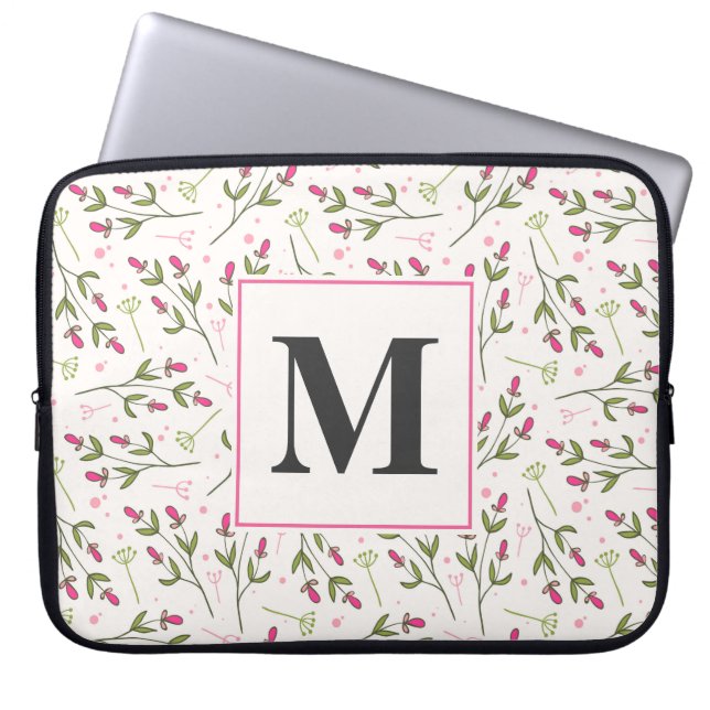Pink and Green Long Stem Wildflowers Monogram Laptop Sleeve (Front)