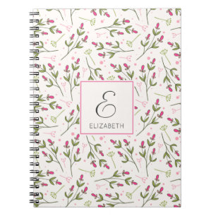 Pink and Green Long Stem Wildflowers Monogram Notebook