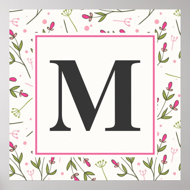 Pink and Green Long Stem Wildflowers Monogram Poster (Front)
