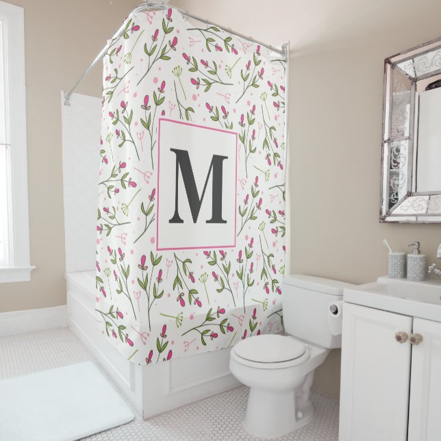 Pink and Green Long Stem Wildflowers Monogram Shower Curtain (In Situ)