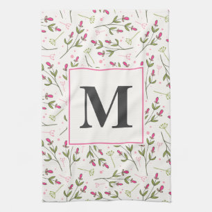 Pink and Green Long Stem Wildflowers Monogram Tea Towel