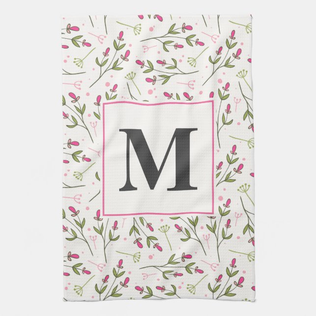 Pink and Green Long Stem Wildflowers Monogram Tea Towel (Vertical)