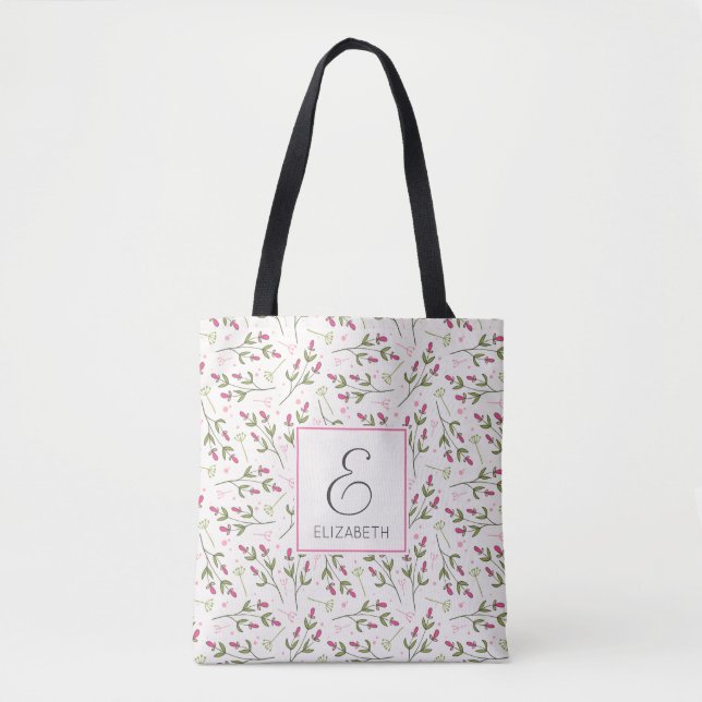 Pink and Green Long Stem Wildflowers Monogram Tote Bag (Front)