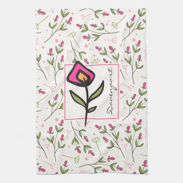 Pink and Green Long Stem Wildflowers Personalised Tea Towel (Vertical)