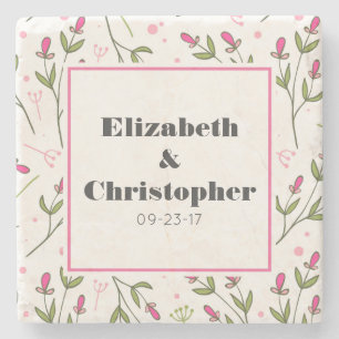 Pink and Green Long Stem Wildflowers Stone Coaster