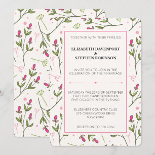 Pink and Green Long Stem Wildflowers Wedding Invitation