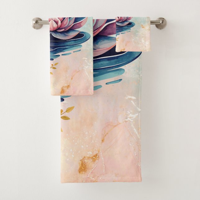 Pink and Green Lotus Floral Art Bath Towel Set (Insitu)