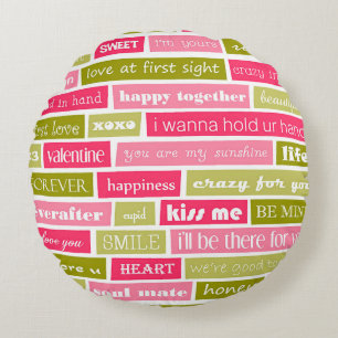 Pink and Green Love Letters Round Cushion