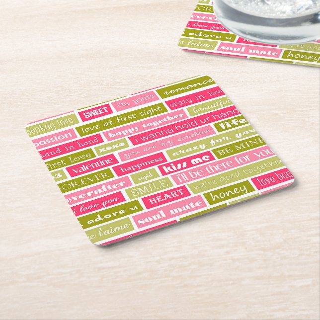Pink and Green Love Letters Square Paper Coaster (Angled)