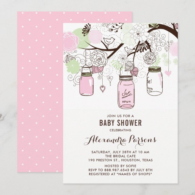 Pink and Green Mason Jars Floral Baby Shower Invitation (Front/Back)