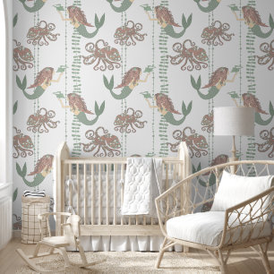 Pink and Green Mermaid Pattern Removable Wallpaper