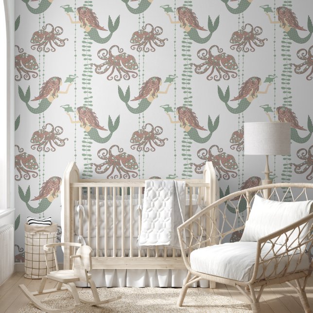 Pink and Green Mermaid Pattern Removable Wallpaper (Kids)