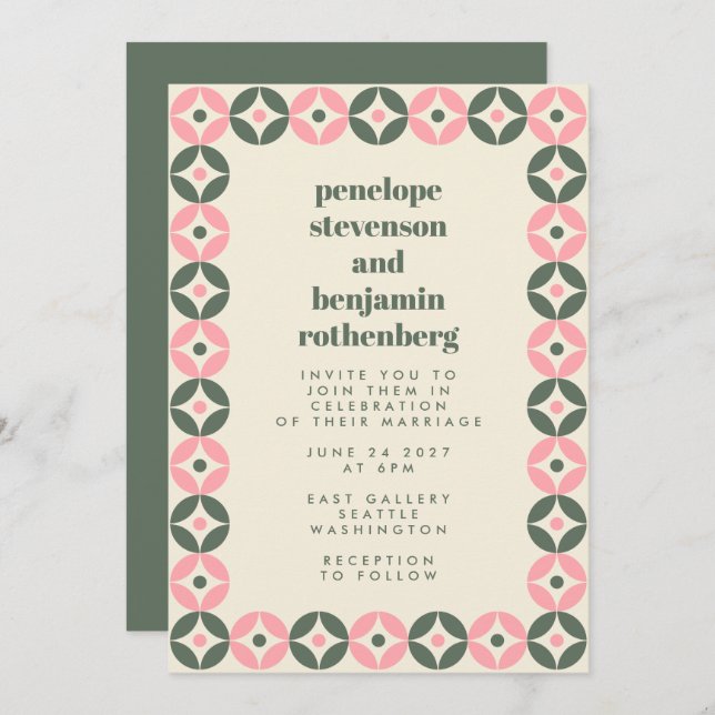 Pink and Green Mid Mod Geometric Chic Wedding Invitation (Front/Back)