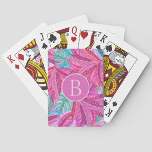 Pink and Green Modern Tropical Leaves Monogram Playing Cards