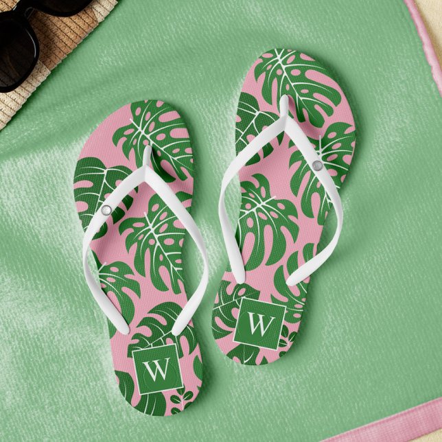 Pink and Green Monogrammed Monstera Leaves Jandals (Creator Uploaded)