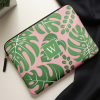 Pink and Green Monogrammed Monstera Leaves