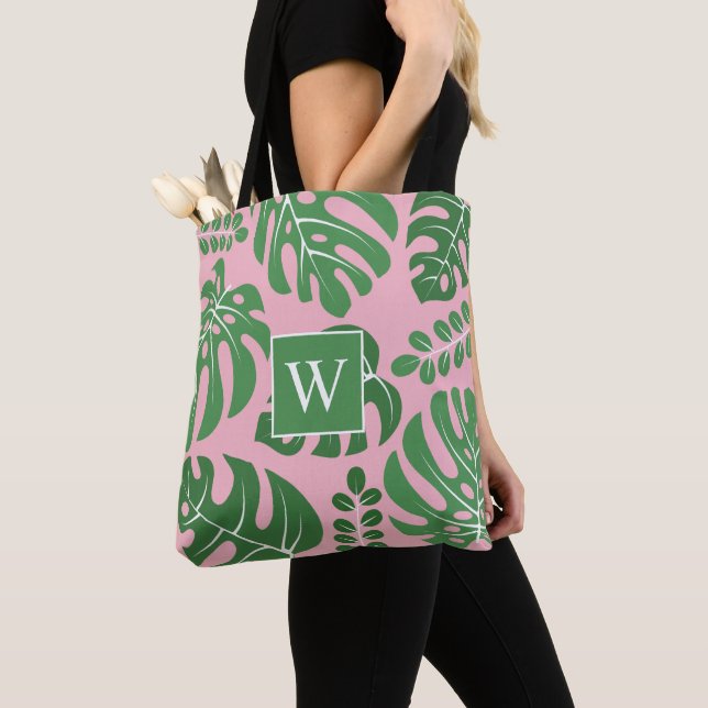 Pink and Green Monogrammed Monstera Leaves Tote Bag (Close Up)