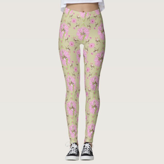 Pink and Green Nostalgic Floral Leggings (Front)